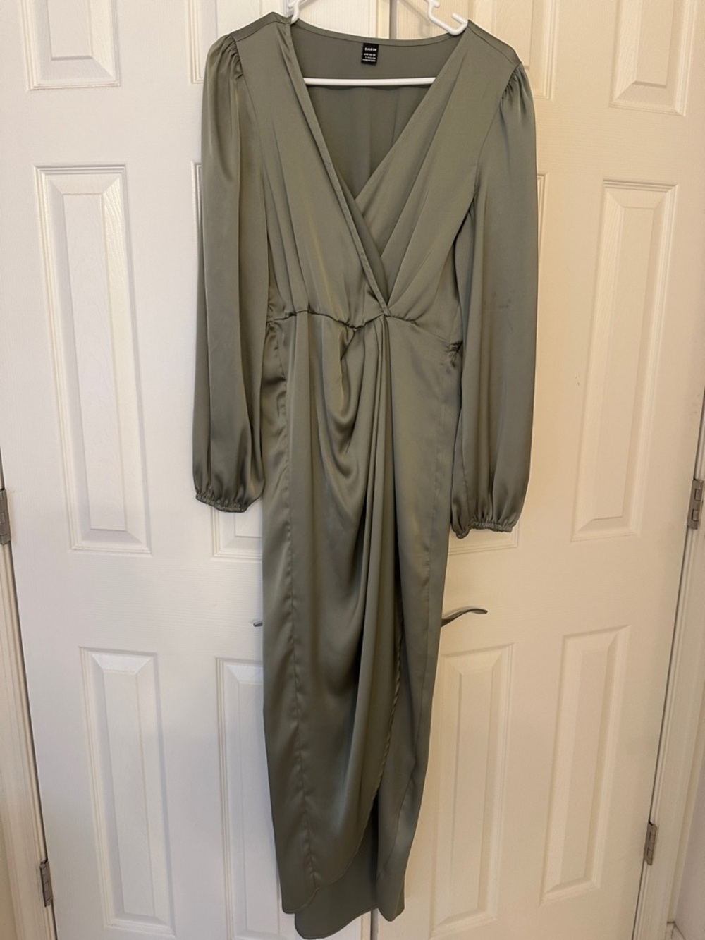 Olive Green Satin Wrap Midi Dress - Unbranded